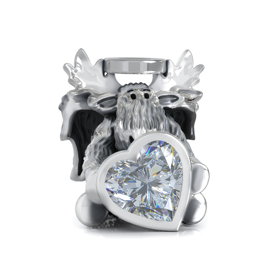 Memorial Angel Moose w/Wings & Heart CZ Bead Charm - Clear Stone