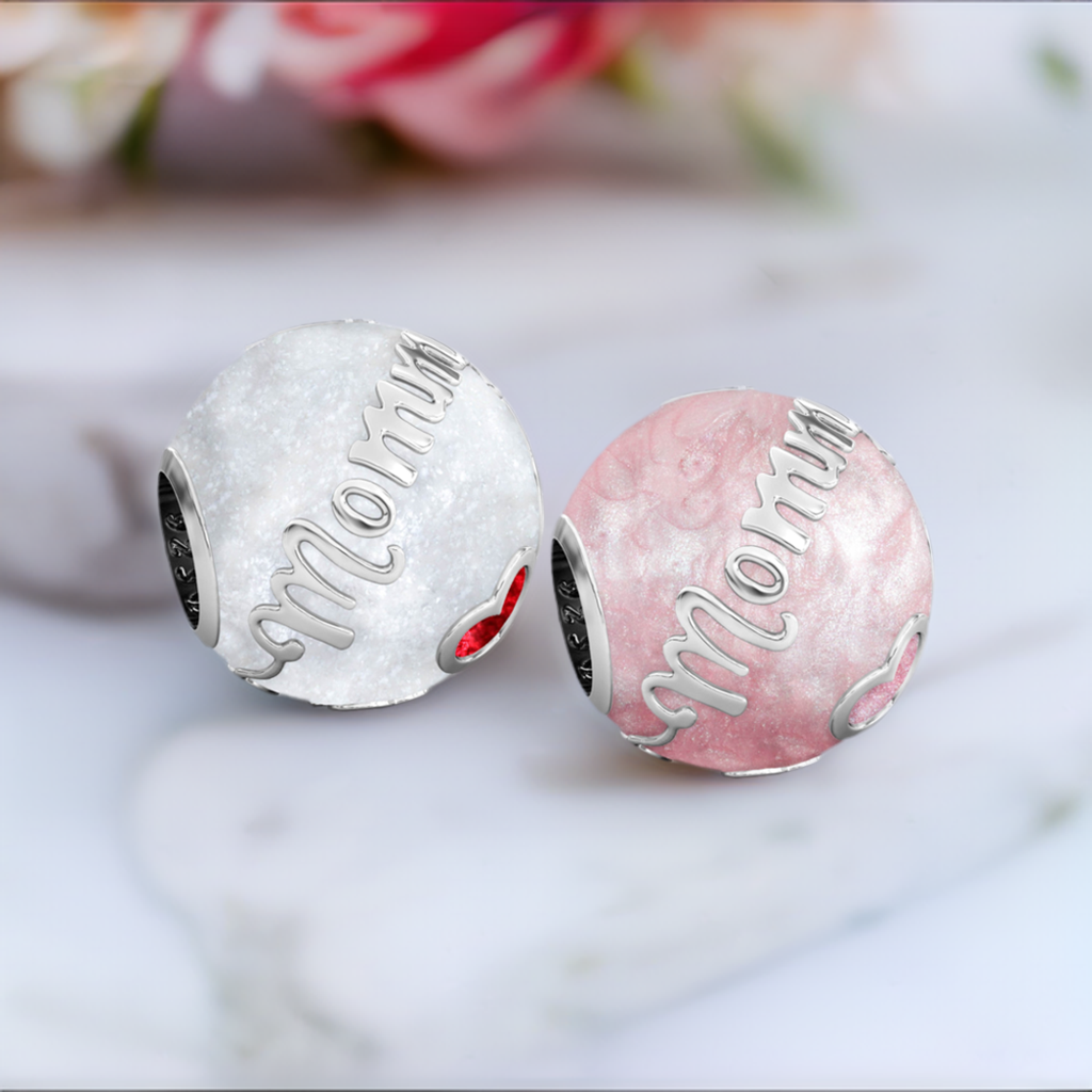 Family Bead Charm - MOMMY - Luxe Color™ Enamel Bead Charm - Red on White Sparkle