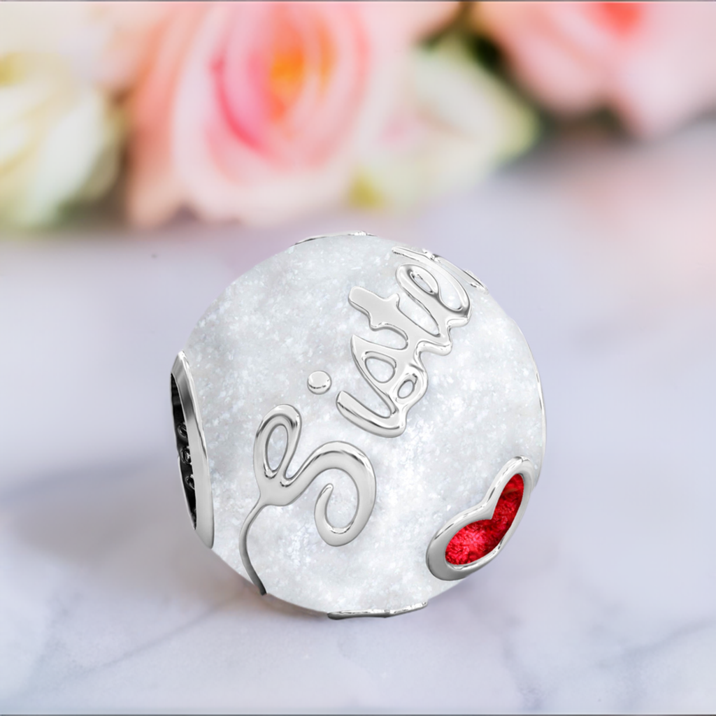 Family Bead Charm - SISTER - Luxe Color™ Enamel Bead Charm - Red on White Sparkle