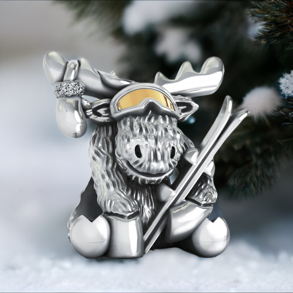 Winter Ski Moose Bead Charm w Solid 18K Gold Goggle Lens