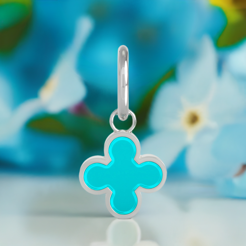 Quatrefoil Clover Dangle Charm 2-Sided Translucent Turquoise Enamel