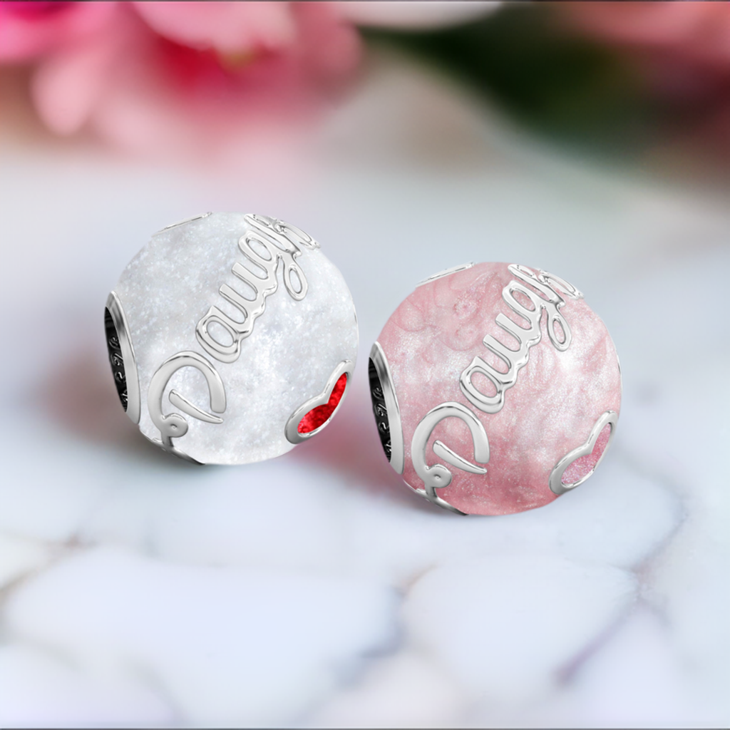 Family Bead Charm - DAUGHTER - Luxe Color™ Enamel Bead Charm - Pink on Pink Pearlescent