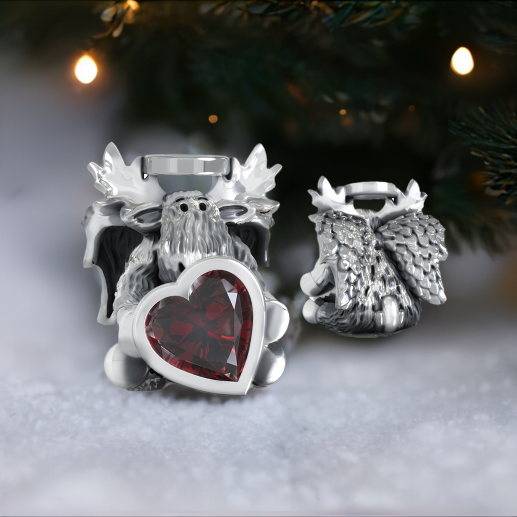 Memorial Angel Moose w/Wings & Heart CZ Bead Charm - Red Stone
