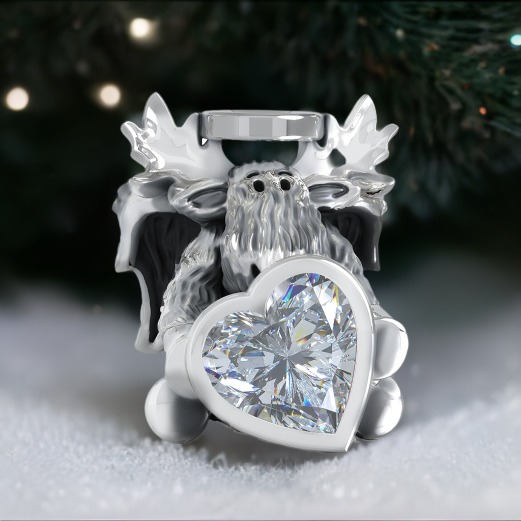 Memorial Angel Moose w/Wings & Heart CZ Bead Charm - Clear Stone