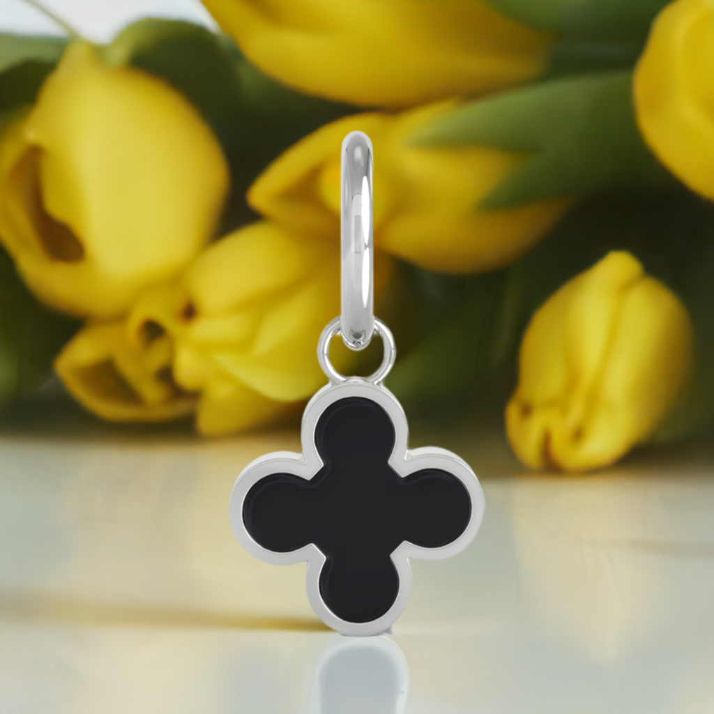 Quatrefoil Clover Dangle Charm 2-Sided Glossy Black Enamel