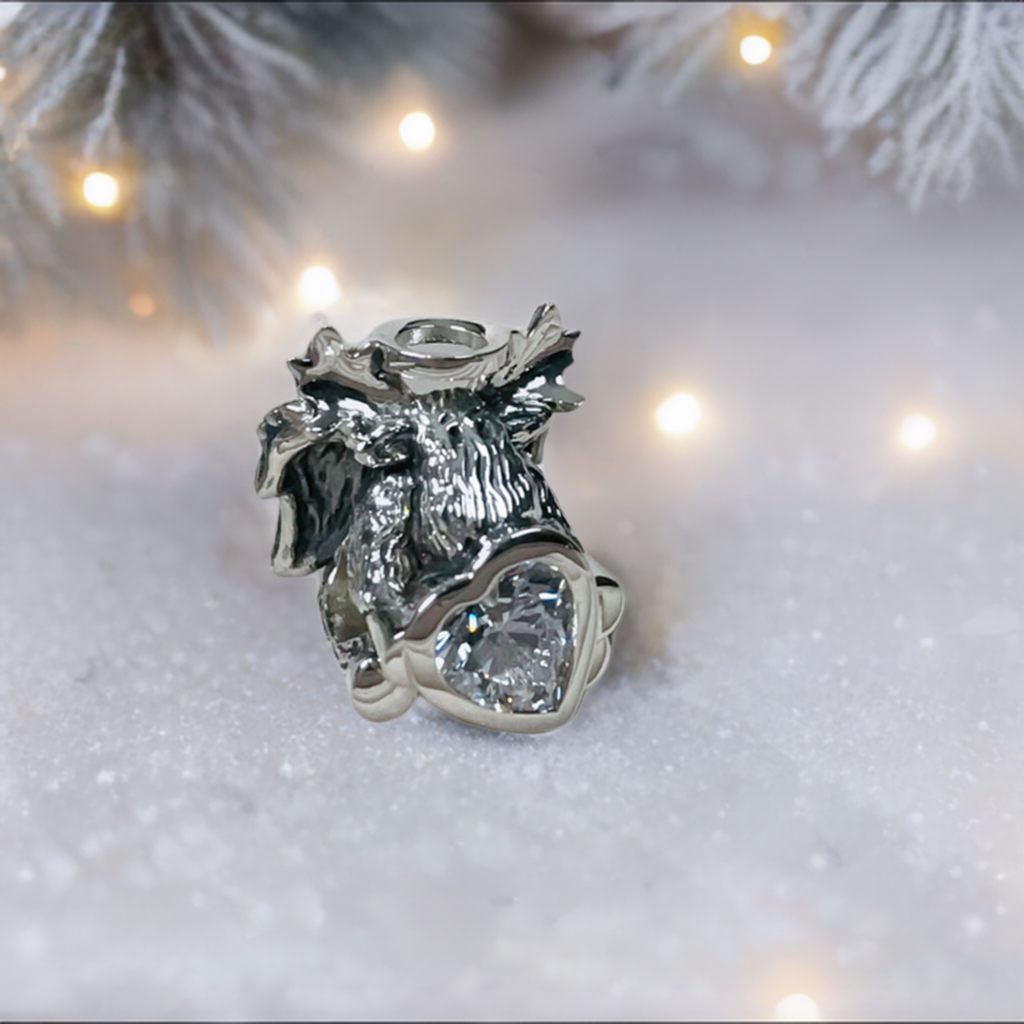 Memorial Angel Moose w/Wings & Heart CZ Bead Charm - Clear Stone