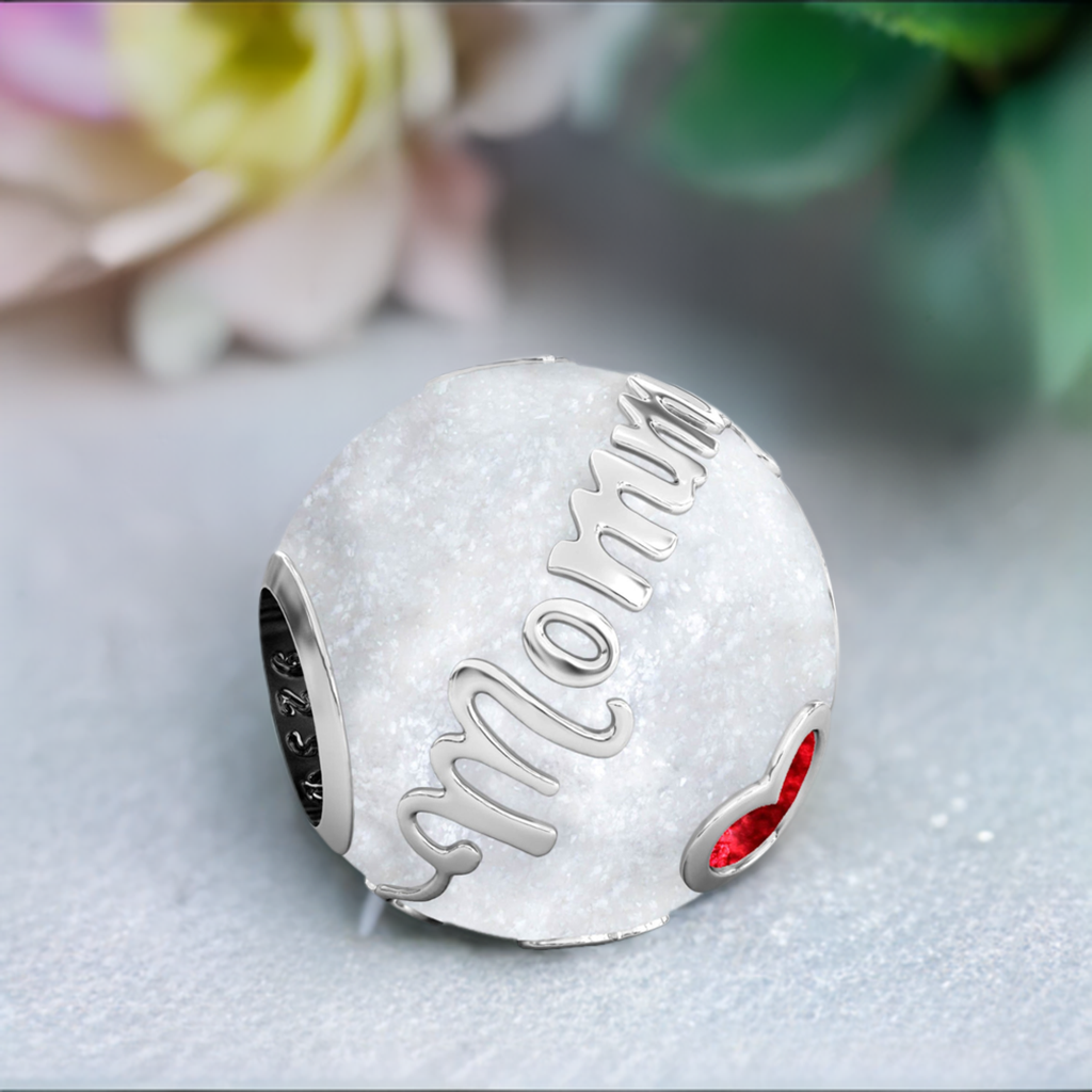Family Bead Charm - MOMMY - Luxe Color™ Enamel Bead Charm - Red on White Sparkle
