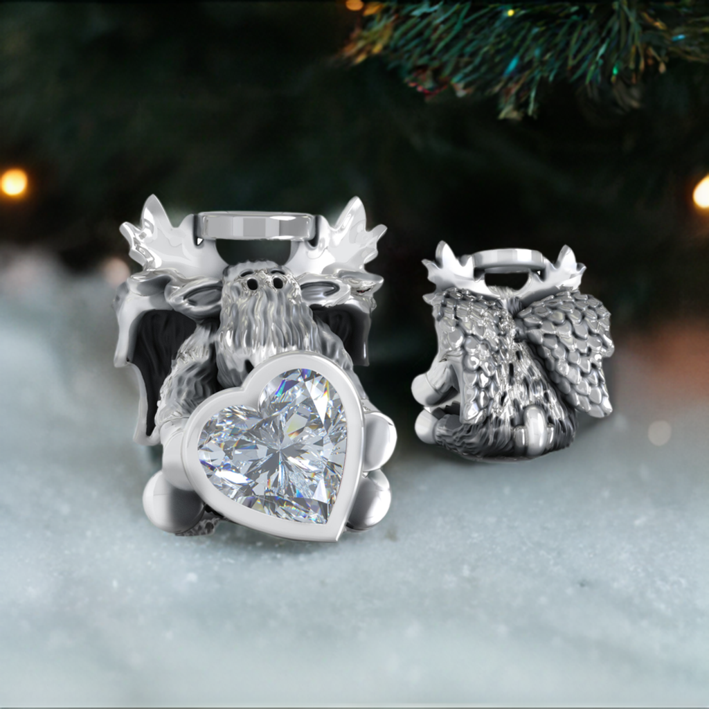 Memorial Angel Moose w/Wings & Heart CZ Bead Charm - Clear Stone