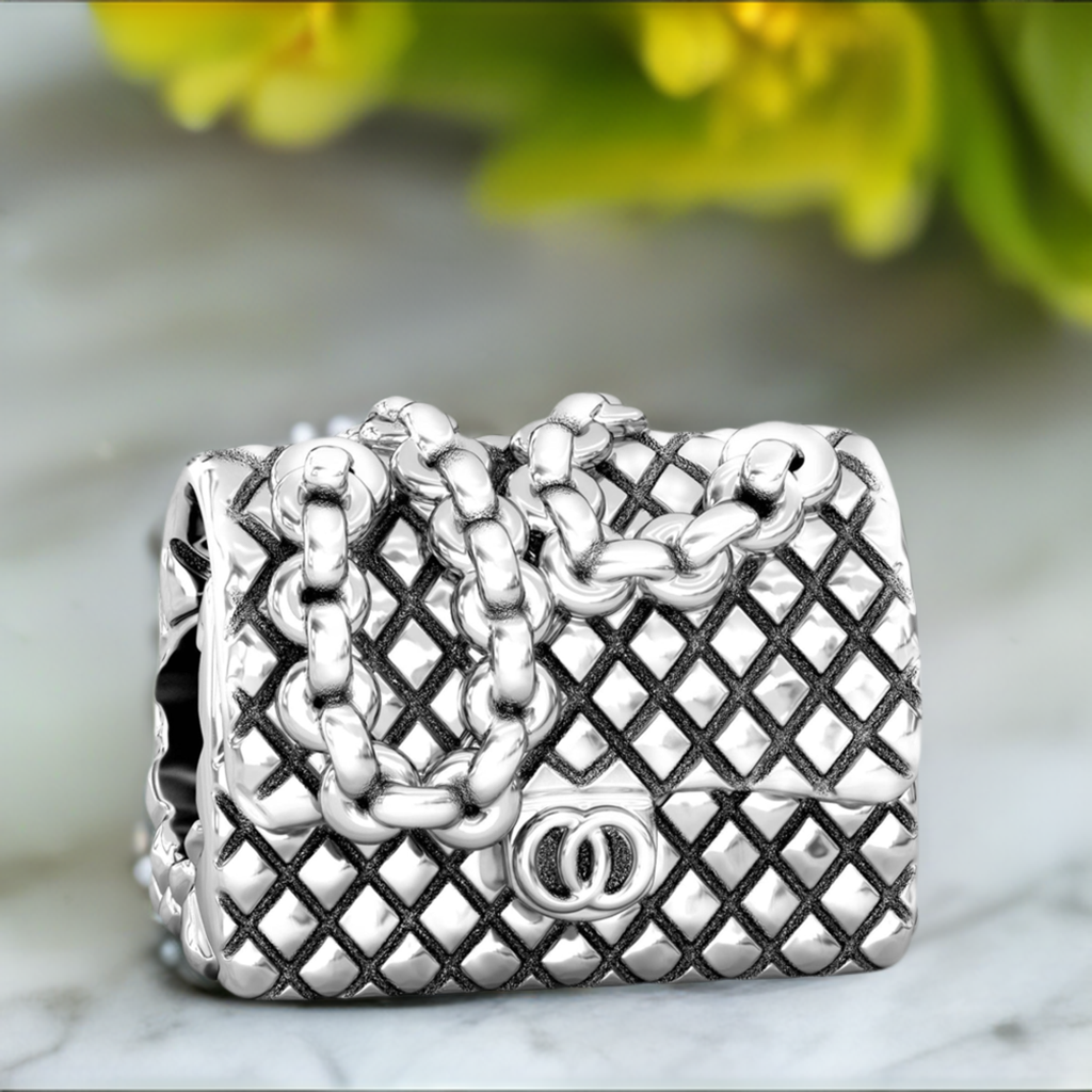 Designer Fashion Purse Bead Charm - Quilted Fold Over Chain Shoulder Bag