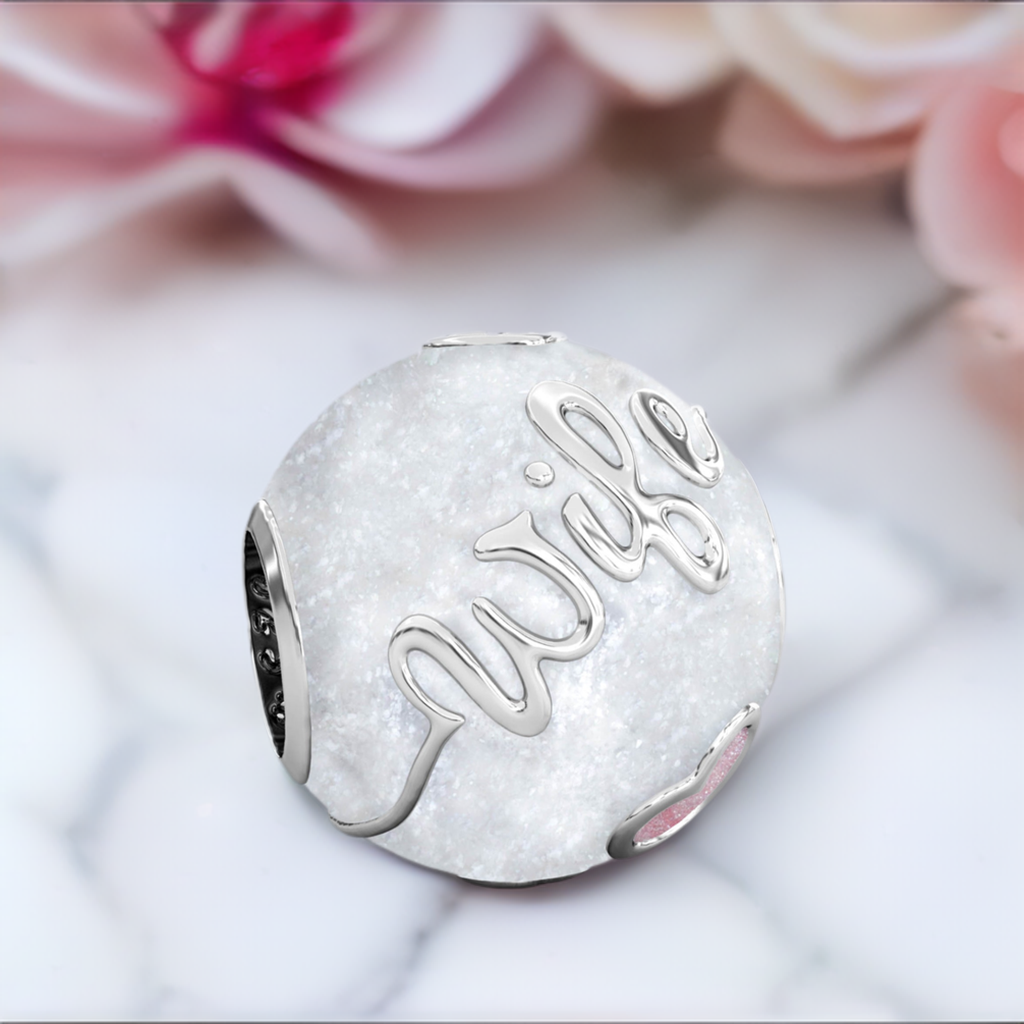 Family Bead Charm - WIFE - Luxe Color™ Enamel Bead Charm - Pink on White Sparkle
