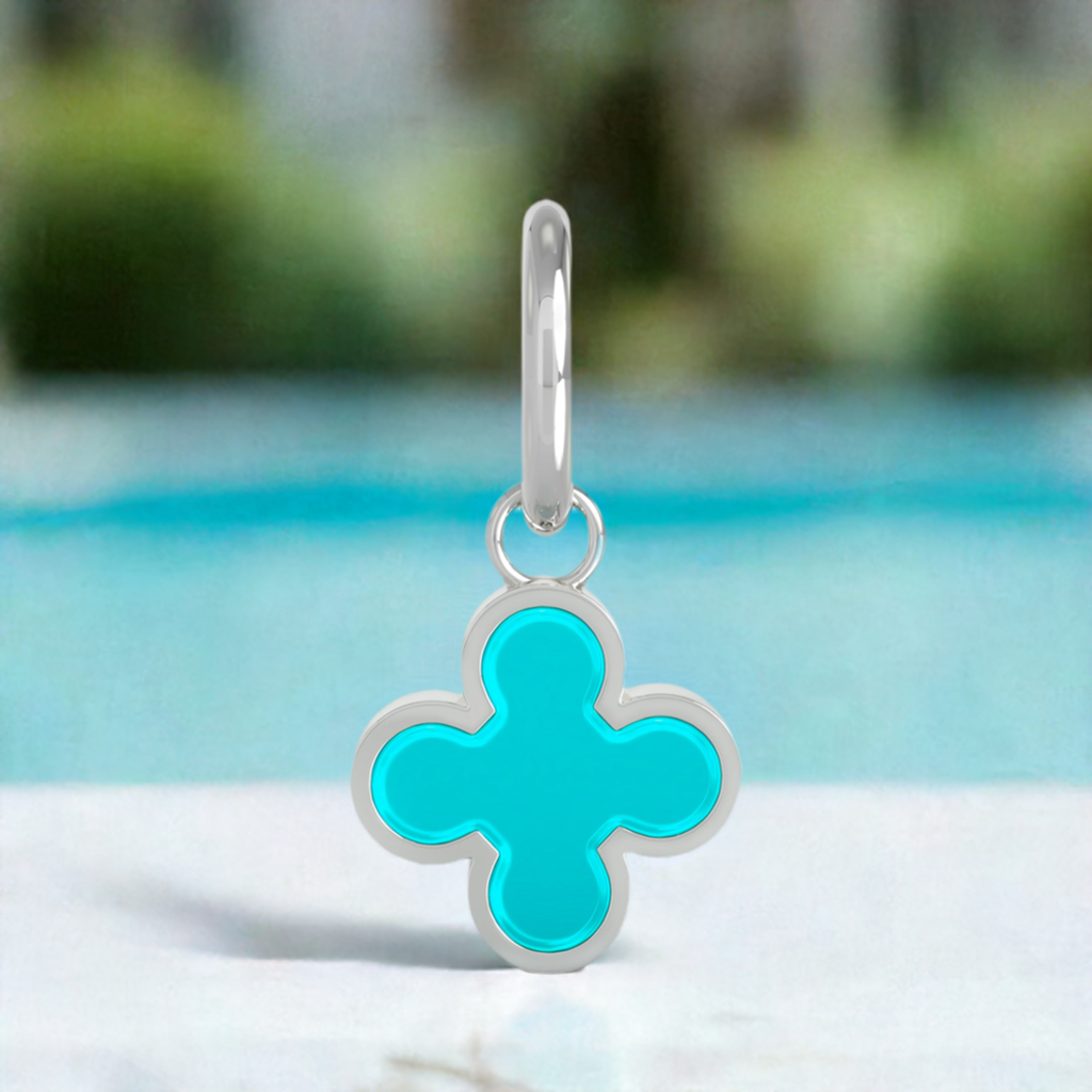 Quatrefoil Clover Dangle Charm 2-Sided Translucent Turquoise Enamel