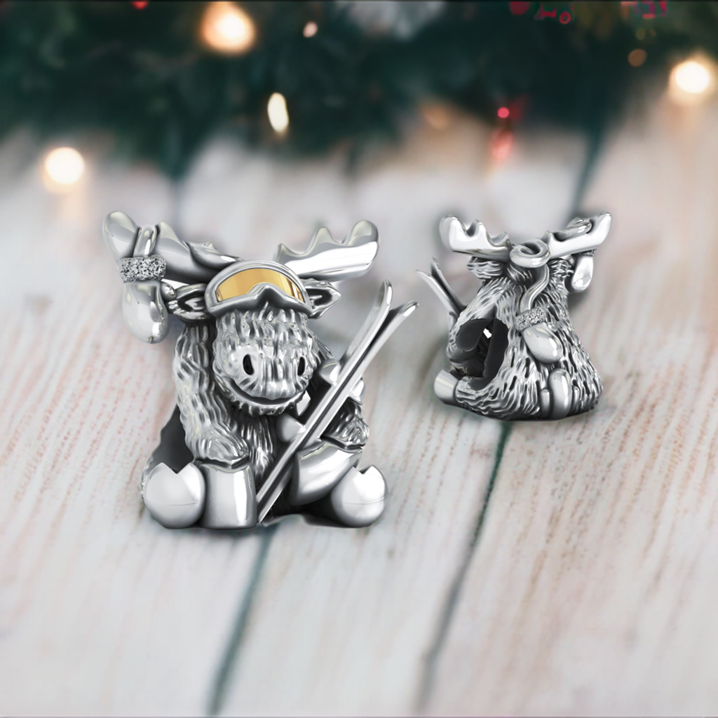 Winter Ski Moose Bead Charm w Solid 18K Gold Goggle Lens
