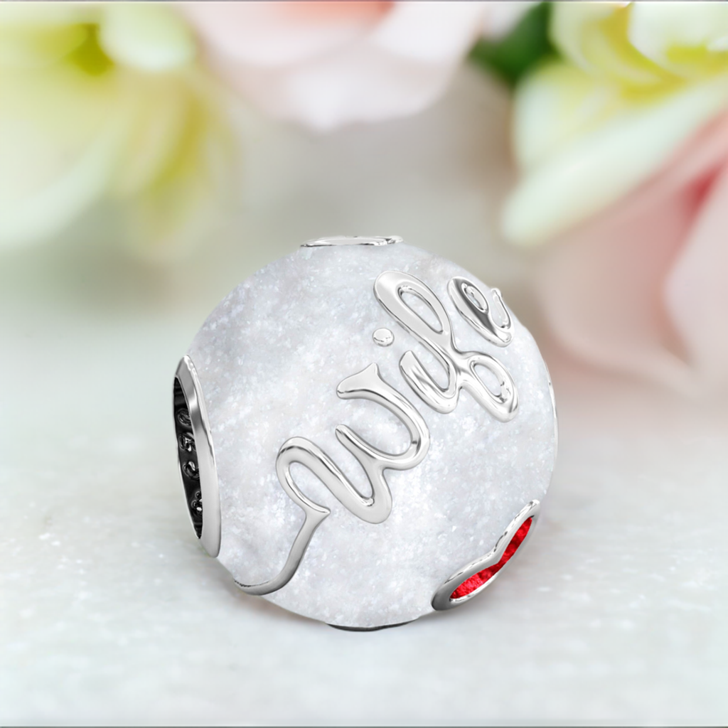 Family Bead Charm - WIFE - Luxe Color™ Enamel Bead Charm - Red on White Sparkle