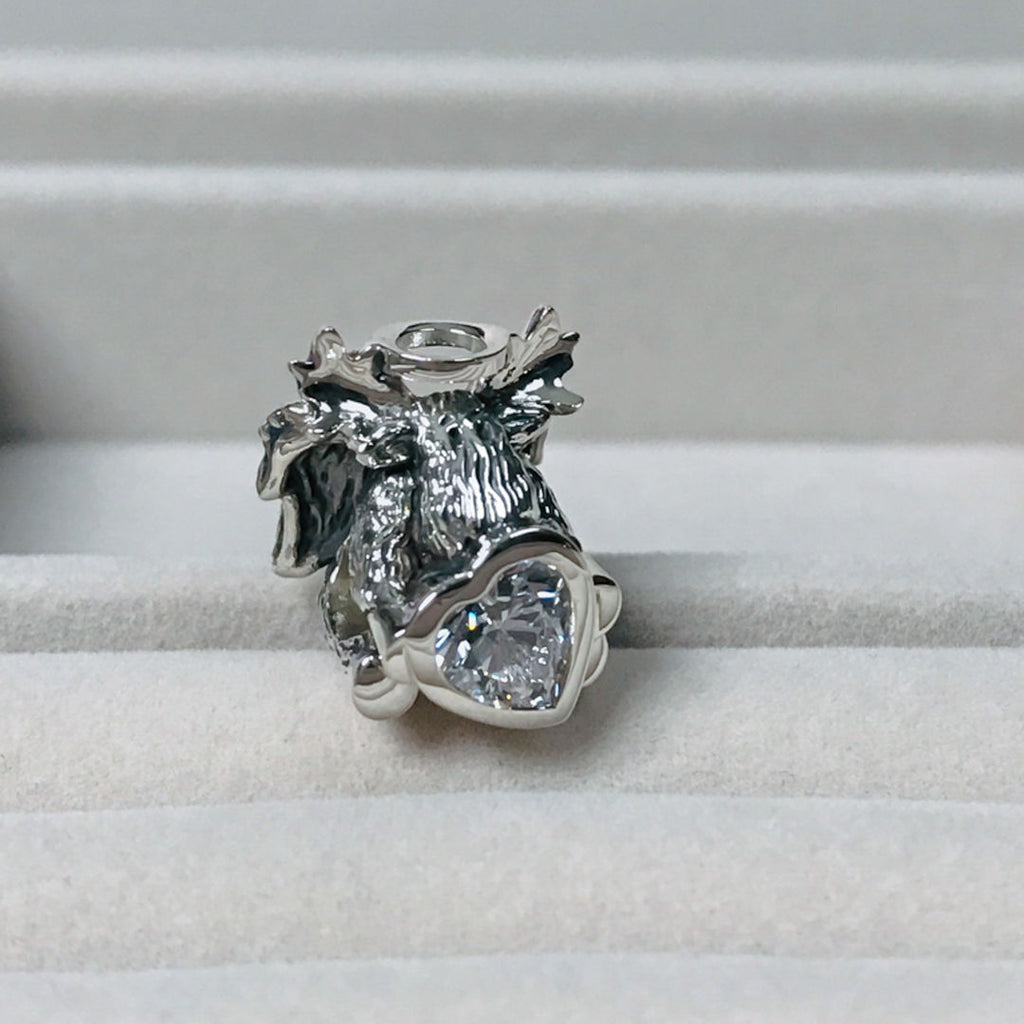 Memorial Angel Moose w/Wings & Heart CZ Bead Charm - Clear Stone