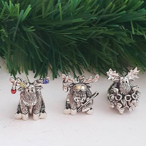 Winter Ski Moose Bead Charm w Solid 18K Gold Goggle Lens