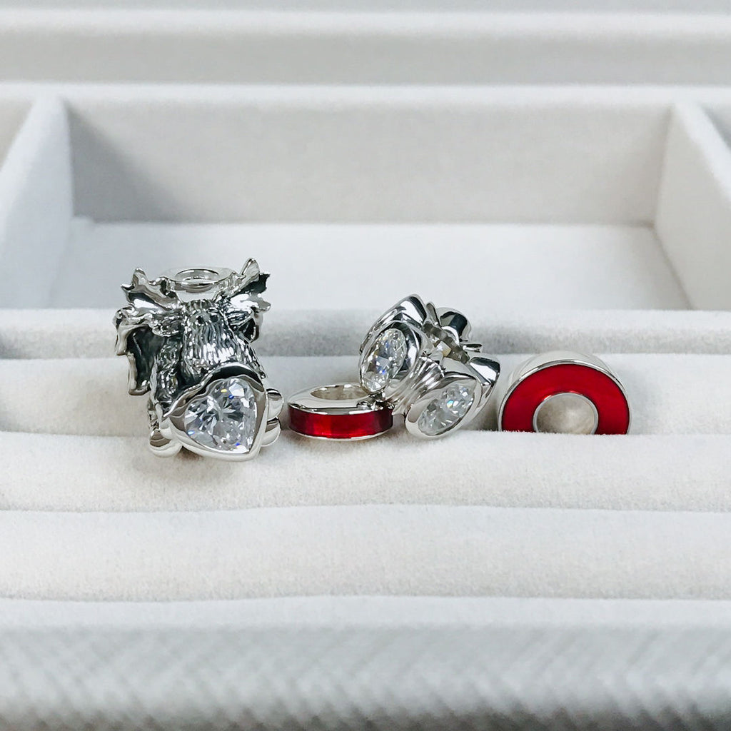 Memorial Angel Moose w/Wings & Heart CZ Bead Charm - Clear Stone