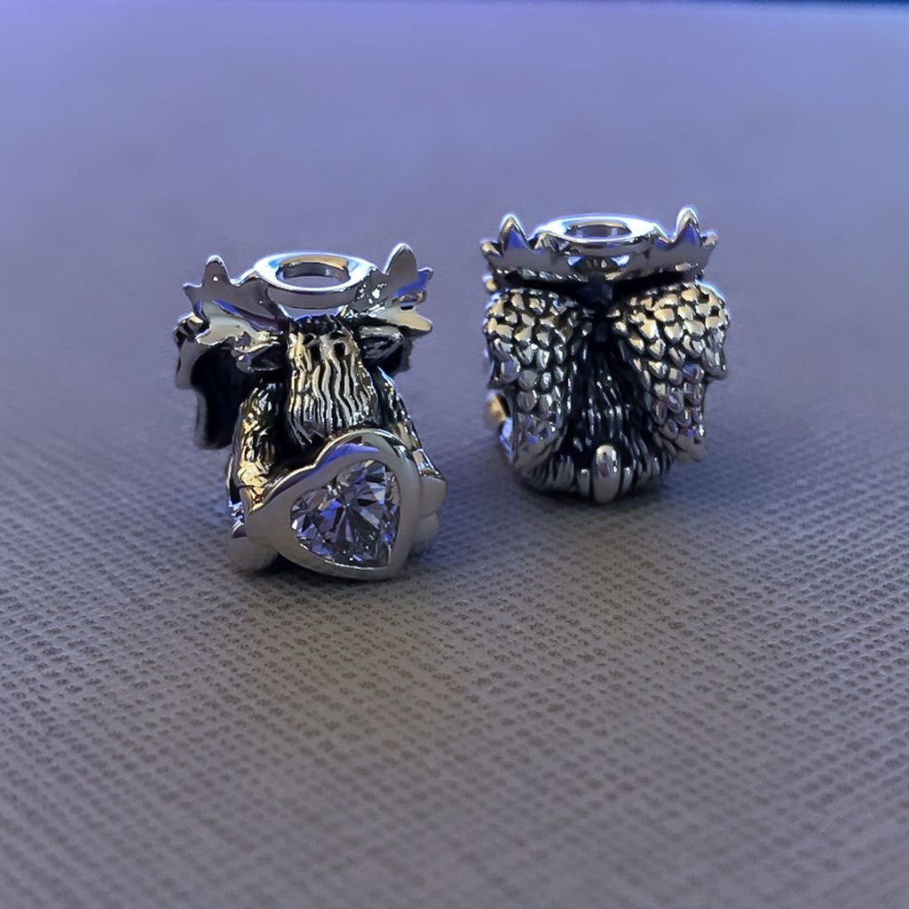 Memorial Angel Moose w/Wings & Heart CZ Bead Charm - Clear Stone