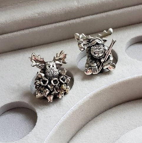 Winter Ski Moose Bead Charm w Solid 18K Gold Goggle Lens