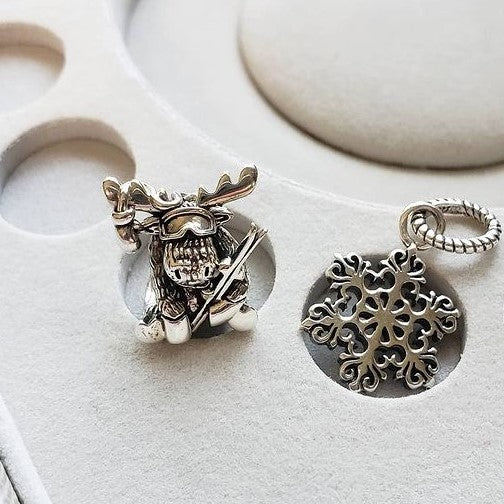 Winter Ski Moose Bead Charm w Solid 18K Gold Goggle Lens