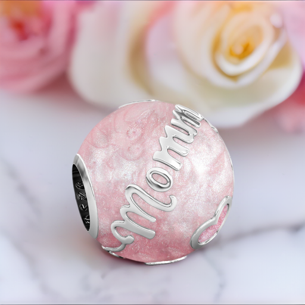 Family Bead Charm - MOMMY - Luxe Color™ Enamel Bead Charm - Pink on Pink Pearlescent