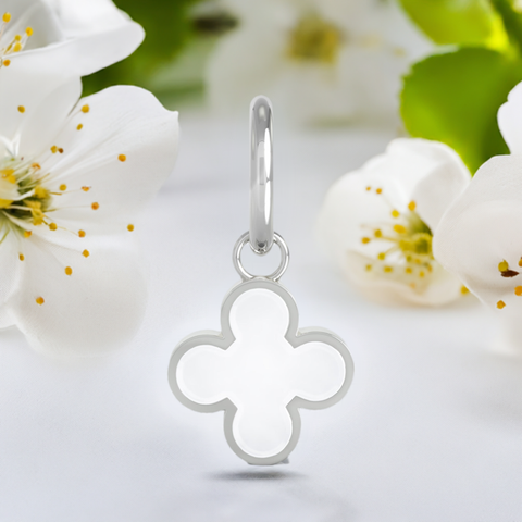 Quatrefoil Clover Dangle Charm 2-Sided Glossy White Enamel