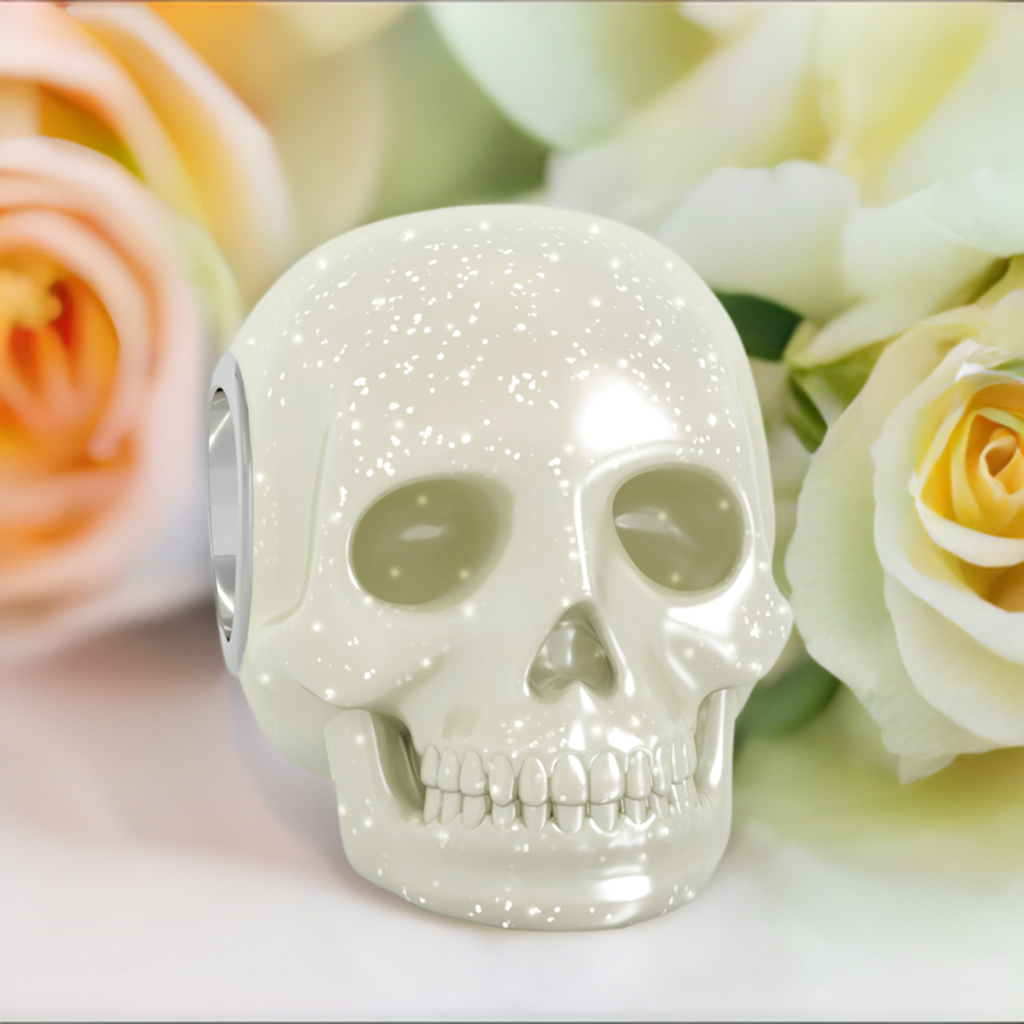 Enamel Covered Skull Bead Charm - Cream Sparkle