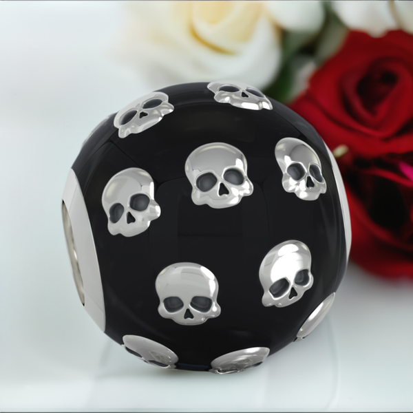 Enamel Covered Ball of Skulls Bead Charm - Glossy Black