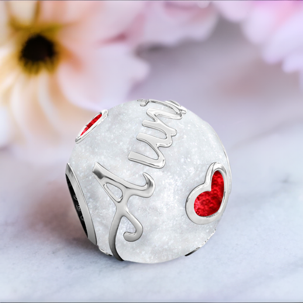 Family Bead Charm - AUNT - Luxe Color™ Enamel Bead Charm - Red on White Sparkle