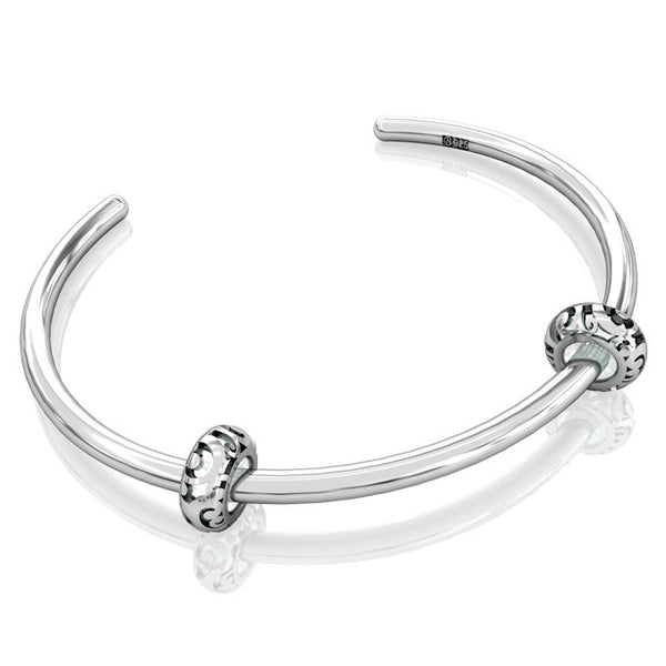 Cuff Bangle Charm Bracelet - Smooth Silver Style - Bella Fascini fits Pandora