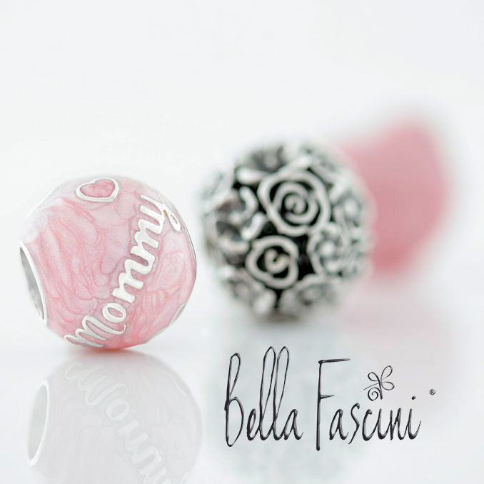 Family Bead Charm - MOMMY - Luxe Color™ Enamel Bead Charm - Red on White Sparkle - Bella Fascini fits Pandora