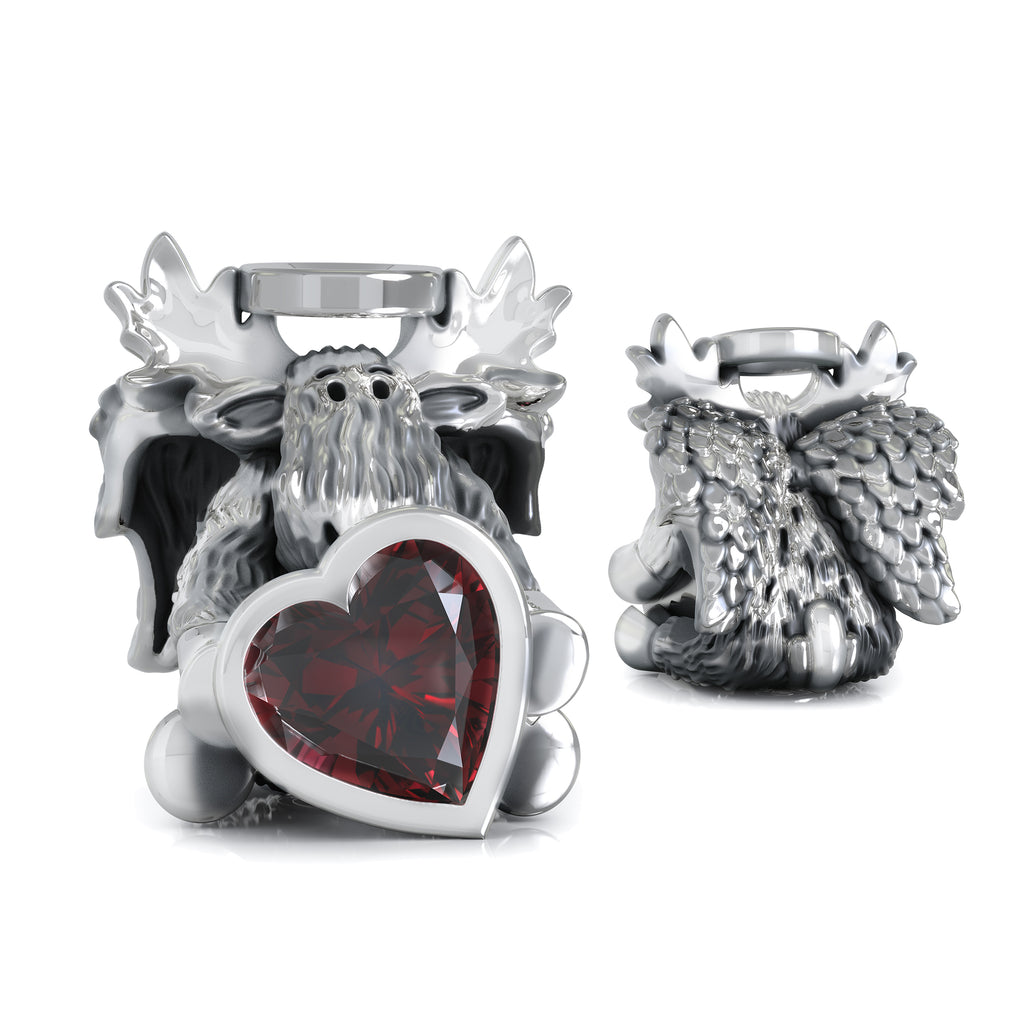 Valentine Angel Moose w/Wings & Heart CZ Bead Charm - Red Stone