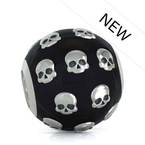 Enamel Covered Ball of Skulls Bead Charm - Glossy Black