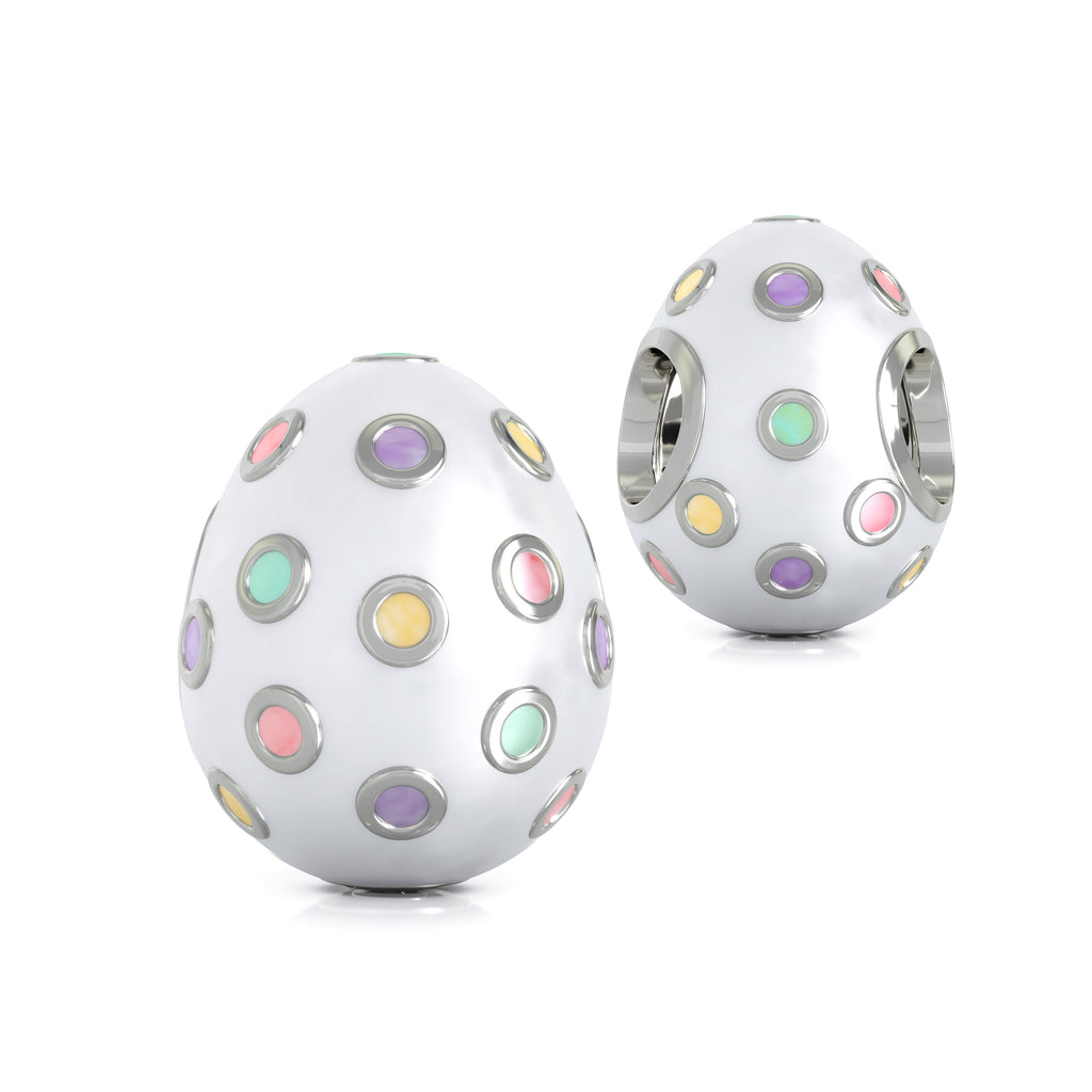 White GLOSSY Enamel Easter Egg with Colored Dots Bead
