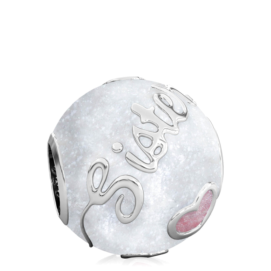 Family Bead Charm - SISTER - Luxe Color™ Enamel Bead Charm - Pink on White Sparkle - Bella Fascini fits Pandora