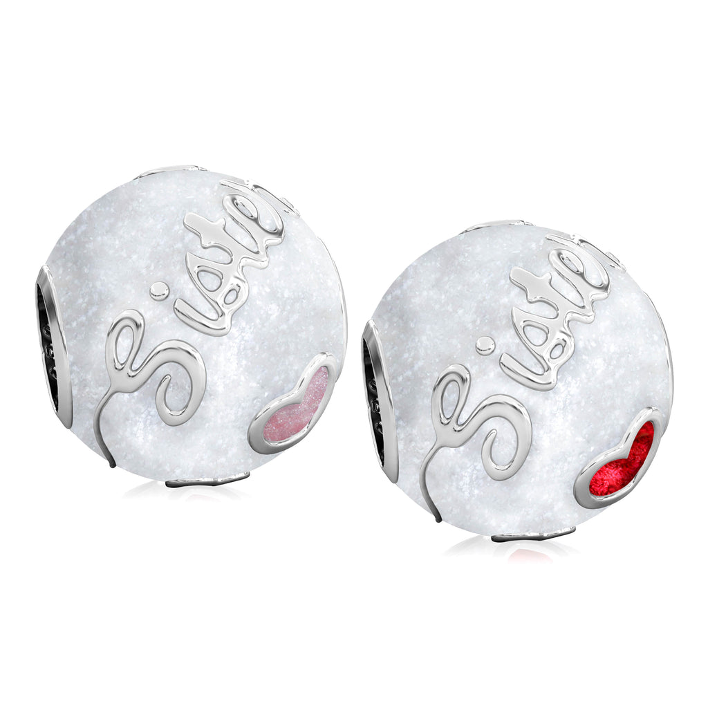 Family Bead Charm - SISTER - Luxe Color™ Enamel Bead Charm - Red on White Sparkle - Bella Fascini fits Pandora