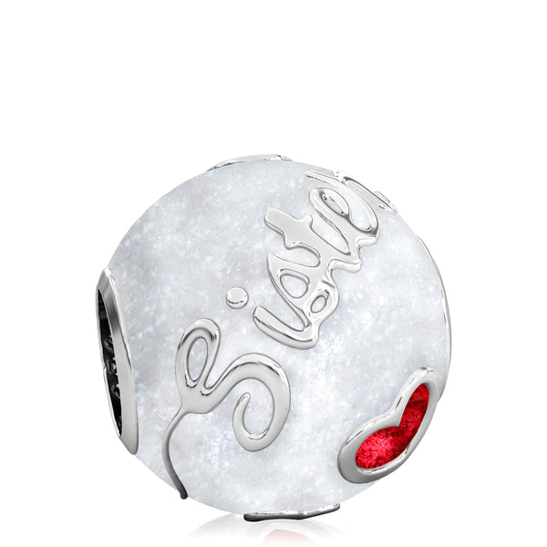 Family Bead Charm - SISTER - Luxe Color™ Enamel Bead Charm - Red on White Sparkle - Bella Fascini fits Pandora