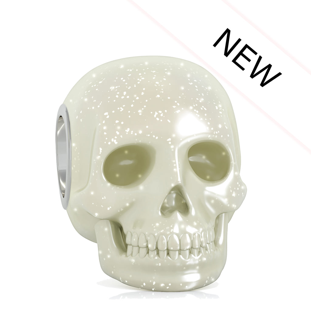 Enamel Covered Skull Bead Charm - Cream Sparkle